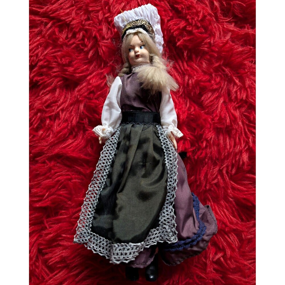 Vintage European Folk Costume Girl Doll Blonde Braids Bonnet Lace Apron